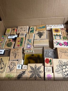 Assorted Wooden Rubber Stamps - Floral & Decorative Designs
